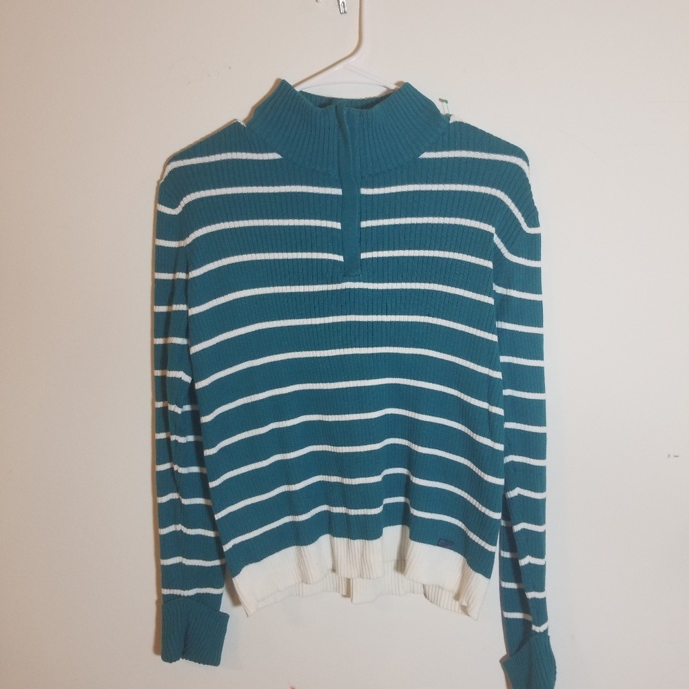 Teal White Stripes Turtleneck Sweater 07